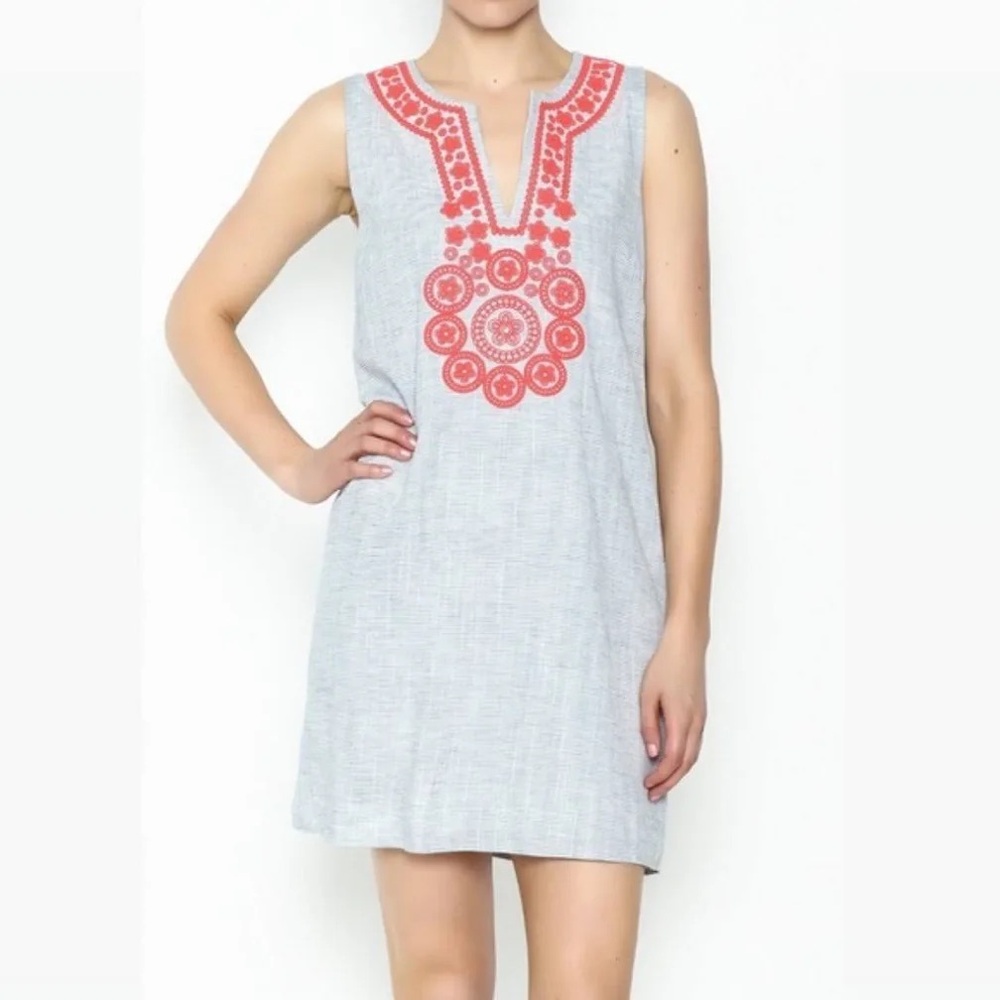 Julie Brown NYC Renee Sleeveless Coral Embroidered Blue Pinstripe Dress